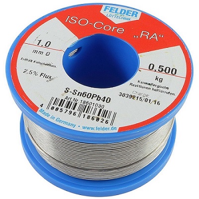Припой оловянно-свинцовый в проволоке с флюсовым наполнителем Sn60Pb40 RA:2,5% 1мм 500г Felder  Припой оловянно-свинцовый в проволоке с флюсовым наполнителем Sn60Pb40 RA:2,5% 1мм 500г Felder